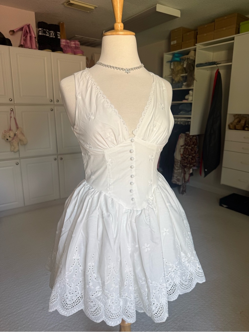White Eyelet Mini Dress with Corset Bodice small rip at the chest easy fix